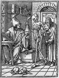 Os simulacros da morte de Hans Holbein, o Jovem (1497-1543): o médico. A morte vem entre o médico e o seu paciente. A gravura.