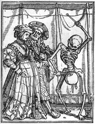 Os simulacros da morte de Hans Holbein, o Jovem (1497-1543): os maridos. A morte toca o tambor na frente de um casal. A gravura.