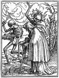Os simulacros da morte de Hans Holbein, o Jovem (1497-1543): o velho. A morte acompanha uma senhora idosa ao seu destino. A gravura.