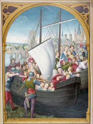 Aterragem das virgens em Colônia e seu martírio, da ap. xadrez de Santa Úrsula, Bruges, por Memling
