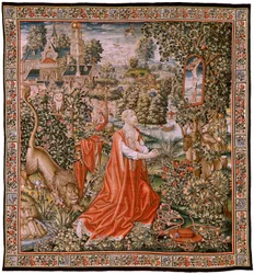 Tapeçaria flamenga. Penitente São Jerónimo, ou São Jerónimo no Deserto (San Jerónimo penitente, o San Jerónimo en el desierto). Modelos Cartoon atribuído ao círculo de Hans Memling (ca. 1433-1493) ou Gerard David (ca. 1450-1523). Fabrico Desconhecido Weave