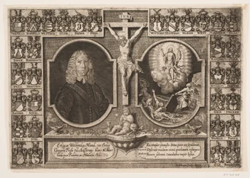 Gregers Friis a Ålstrup, bem como Cristo na cruz e a ressurreição de Cristo. Cercado por escudos