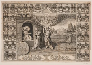 Página de rosto para o sermão fúnebre de Ida Langs com representação de Cristo como jardineiro e Maria Madalena