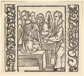 Anjos servidos em uma mesa, ilustração de Speculum Passionis, 1507, 1507.