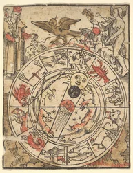 Carta dos signos do zodíaco com Vénus, Cupido e um santo bispo