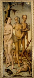 As idades da vida Uma mulher jovem, um homem velho e um esqueleto segurando uma ampulheta. Pintura de Hans Baldung dit Grien (1484-1545) 1540 Dim. 1,51 x 0,61 m Madrid, Museu do Prado