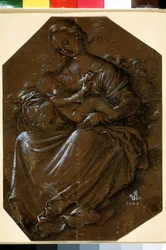 "Virgem e Criança" (Virgem e Criança) Desenho a tinta e caneta sobre papel pardo por Hans Baldung (1484-1545) Museu Pushkin do século XVI, Moscou