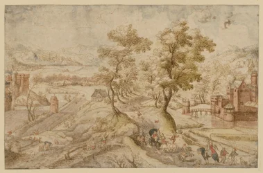 Paisagem montanhosa com dois castelos de água