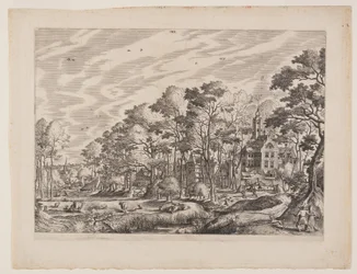 Vista de uma aldeia com um castelo à direita, placa 1 de Paisagens com vistas de aldeias