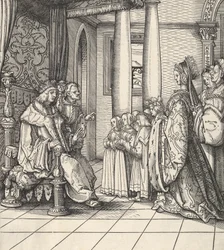 O Rei Branco Recebendo Sua Filha Margarida e os Filhos do Rei Filipe, de Der Weisskunig, 1514-16