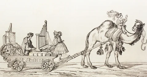O organista Paul Hofhaimer, em uma carruagem puxada por um camelo, de "El Mundo Ilustrado", publicou Barcelona, em 1880.
