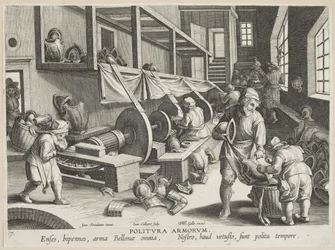 Politura Armorum (Braços de Polimento), prato 17 da série Nova Reperta (Descobertas Modernas) c.1588 (gravura sobre papel avergoado)