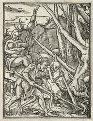 A dança da morte: expulsão do paraíso, Adam cultivando o solo.