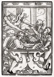 Morte e o diabo vêm para o jogador de cartas, gravado por Georg Scharffenberg, de &39;Der Todten Tanz&39;, publicado Basel, 1843