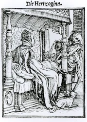 Morte e a Dama, de &39;A Dança da Morte&39;, gravada por Hans Lutzelburger, c.1538