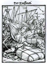 Morte e o Mercador, de &39;A Dança da Morte&39;, gravada por Hans Lutzelburger, c.1538