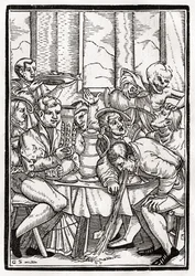 A morte chega para o bêbado, gravada por Georg Scharffenberg, de &39;Der Todten Tanz&39;, publicada em Basel, 1843