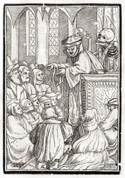 A morte chega para o Pregador, gravada por Georg Scharffenberg, de &39;Der Todten Tanz&39;, publicada em Basiléia, 1843