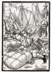 A morte chega ao Mercador, gravada por Georg Scharffenberg, de &39;Der Todten Tanz&39;, publicada em Basel, 1843