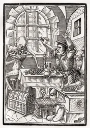 A morte vem para o avarento ou usurário, gravado por Georg Scharffenberg, de &39;Der Todten Tanz&39;, publicado em Basel, 1843