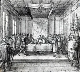 Henrique VIII em sua câmara privada (caneta, tinta e papel)