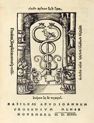 Marca da impressora de Johann Frobens (c.1460 -1527) mostrando duas mãos segurando o caduceu da terceira edição da 