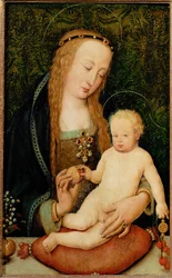 Santa Maria entrega uma pomegrenata ao Menino (pintura sobre madeira de tília)