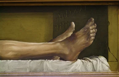 O Corpo dos Mortos Cristo, detalhe dos pés e assinatura e data da obra, 1521 têmpera em lenha