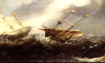 Os homens de guerra holandeses em um vendaval