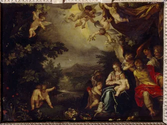 A Sagrada Família com Santa Isabel e São João Baptista. Pintura de Hans Rottenhammer o Grande (1564-1625), óleo sobre cobre. Arte alemã, finais do século XVI-17, arte barroca. Estado A. Pushkin Museum of Fine Arts, Moscovo.