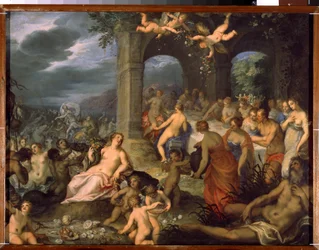 Festa dos deuses, o casamento de Pelé e Tétis. À esquerda, mrine deities (tritões e naides). No centro, a deusa da terra Tellus Mater (ou Terra Mater ou Gaia) com um chifre de abon