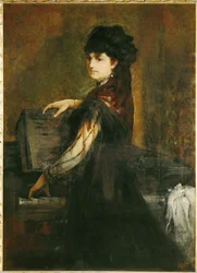 Amalie Makart, nascida Rothmayr, primeira mulher do artista, ao piano ... (pintura sobre tela)
