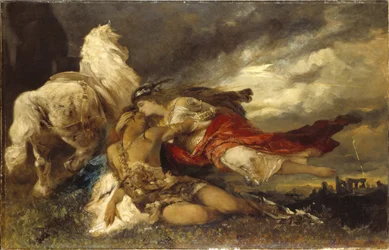 Valquíria e um Herói Moribundo, de Makart, Hans (1840-1884). Óleo sobre tela. Tamanho: 130x200 cm. Nationalmuseum Estocolmo
