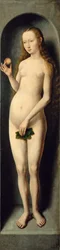 Eve. Ala lateral do Pequeno Tríptico de São João Batista - Hans Memling (1433/40-1494). Óleo sobre madeira, ca. 1485. Dimensão : 69,3x17,3 cm. Museu de História de Arte, Vienne