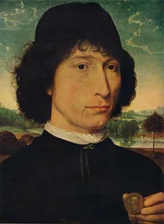 Retrato de um homem segurando uma moeda do imperador Nero, 1474