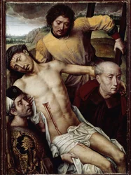 A descida da cruz (depoimento). O corpo de Jesus Cristo é carregado por três homens, incluindo José de Arimatéia (esquerda) e Nicodema (direita). Pintura de Hans MEMLING (1433-1494), anos 1470. Arte flamenga. Óleo sobre madeira. Granada, Capela Real.