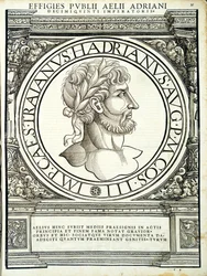 Adriano, dos imperadores romanos de leste e oeste mais verdadeiras imagens de moedas antigas, gravura por Rudolph Wyssenbach, impressa por Andreas Hamberger, Zuri