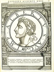 Albert 1, do comandante geral da Roman leste e oeste mais verdadeiras imagens de moedas antigas, gravura por Rudolph Wyssenbach, impressa por Andreas Gessner, Zurique,