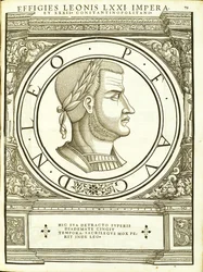4 leão, do comandante geral dos Roman Leste e Oeste mais verdadeiras imagens de moedas antigas, gravura por Rudolph Wyssenbach, impressa por Andreas Gessner, Zurique, 1559