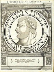 Licínio 1, do comandante geral da Roman leste e oeste mais verdadeiras imagens de moedas antigas, gravura por Rudolph Wyssenbach, impressa por Andreas Gessner, Zurique,