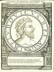 Louis 2, do comandante geral dos Roman Leste e Oeste mais verdadeiras imagens de moedas antigas, gravura por Rudolph Wyssenbach, impressa por Andreas Gessner, Zurique