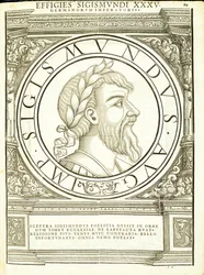 Sigmund, do comandante geral da Roman leste e oeste mais verdadeiras imagens de moedas antigas, gravura por Rudolph Wyssenbach, impressa por Andreas Gessner, Zurique,