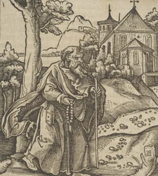 Um velho peregrino caminhando para a direita, de Hymmelwagen auff dem, wer wol Leben..., 1517.