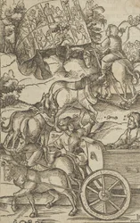 O homem virtuoso em uma carruagem a caminho do céu, de Hymmelwagen auff dem, wer wol leb..., 1517.