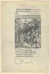 Unfalo fazendo com que Theuerdanck caia em uma armadilha durante uma caçada, de Theuerdanck, 1517.
