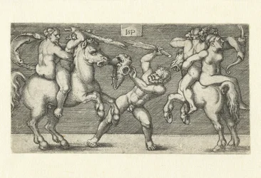 Luta entre dois homens com mulheres a cavalo e um homem de pé