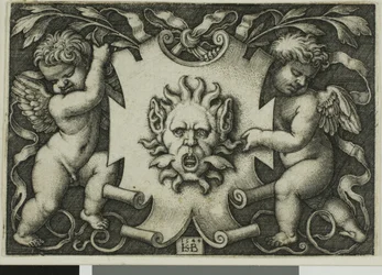 Ornamento com uma máscara realizada por dois gênios