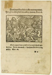 A Chuva de Maná de Biblische Historien Künstlich fürgemalt, placa cinco de Woodcuts from Books of the XVI Century