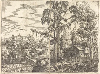 Paisagem com vista de uma casa de campo e uma cidade perto de um rio, 1551.
