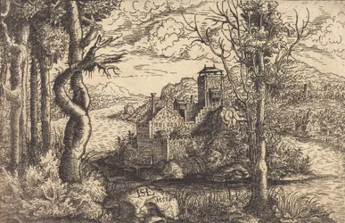 Vista em um rio com um castelo em uma ilha, 1553.